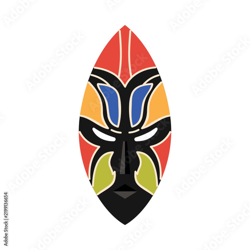 Traditional South African tribal mask with vibrant geometric patterns on a white isolated background vector illustration