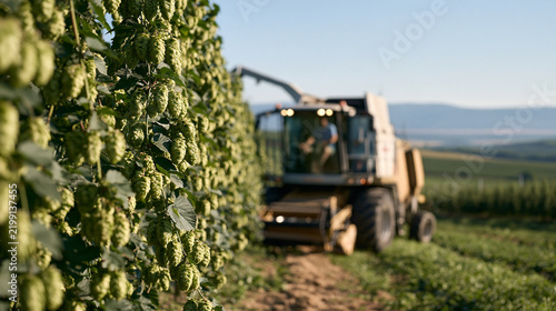 Wide shot of hop harvest in a Czech mountain valley, tall vine strings loaded with green cones, specialized harvesting machine moving through rows, brewery agriculture craft beer
