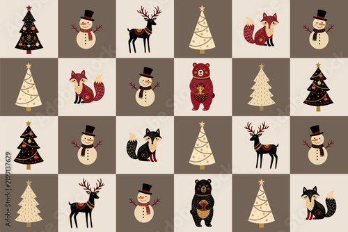 A festive Christmas seamless pattern arranged in a checkerboard grid, featuring stylized Christmas trees, snowmen, reindeer, foxes, and bears, in warm vintage colors.