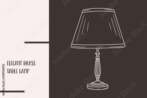 A traditional bedside lamp with a tapered shade and a brass stand. Simple hand-drawn line art illustration for interior decor and home lighting