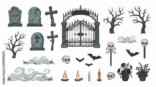 Spooky Halloween Graveyard Elements Set Vector Illustration with Haunted Tombstones Skulls and Dead Trees