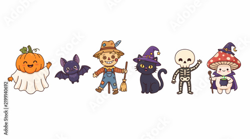 Cute Halloween Decorative Element Vector Set Featuring Pumpkin Ghost, Bat, Scarecrow, Cat, Skeleton, and Mushroom Characters