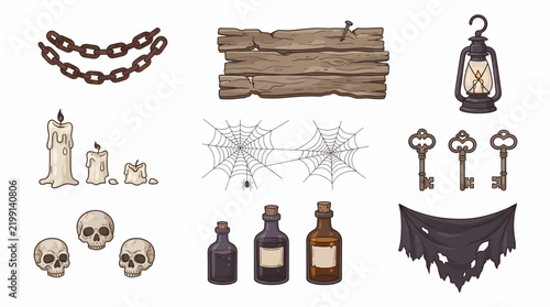 Halloween fantasy quest dungeon props set with skull potion bottle vintage key lantern chain wooden board