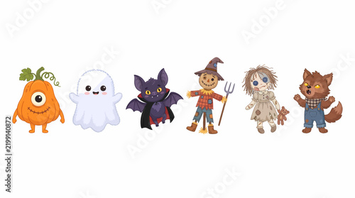 Cute Halloween villain character set with pumpkin monster ghost vampire bat scarecrow and werewolf