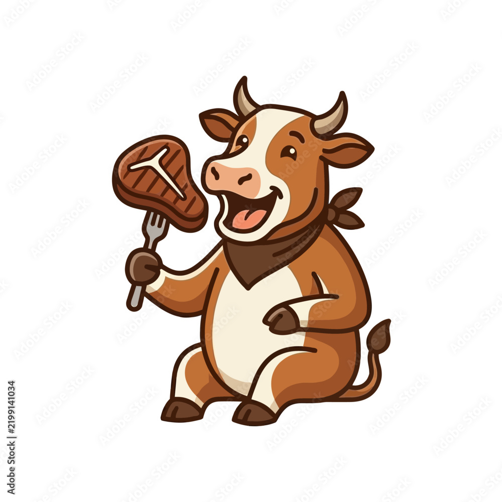 Fototapeta premium Funny cartoon cow holding a fork with a t-bone steak vector illustration