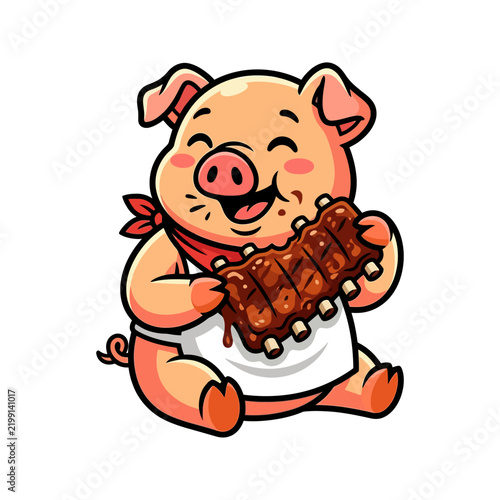 Cute cartoon pig eating delicious grilled ribs vector illustration