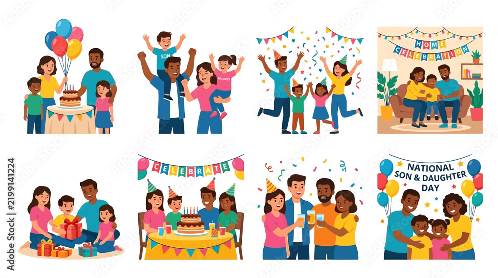 Fototapeta premium National son and daughter day collection presenting eight joyful family celebration illustrations with parents, children, balloons, birthday cake, confetti, gifts, and happy moments together.