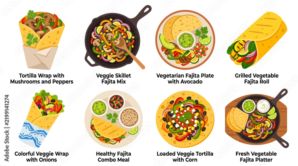 Fototapeta premium Mexican food collection featuring eight illustrated icons of delicious vegetarian fajitas and wraps filled with fresh vegetables, mushrooms, onions, and beans presented on a clean white background.