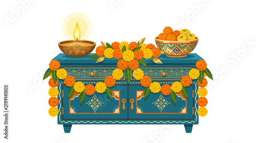 Diwali Festive Decor with Diya Lamp Marigold Garland and Sweets Vector Illustration
