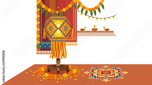 Diwali Festival Decoration with Lantern Rangoli and Diya Lamps Vector Illustration