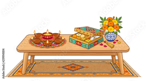Diwali Festive Sweets and Diya Lamps on Wooden Table Vector Illustration