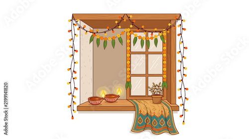 Diwali Window Decoration with Glowing Diyas and Flower Garland Vector Illustration