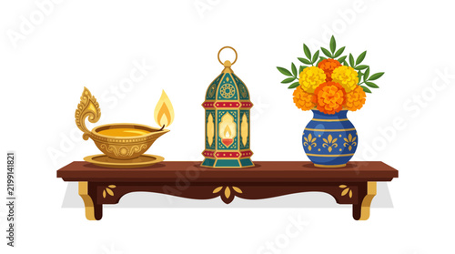 Diwali Festival Shelf Decoration with Diya Lamp Lantern and Marigold Flowers Vector Illustration