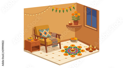 Diwali Festival Room Interior with Rangoli and Diya Lamps Vector Illustration
