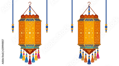 Decorative Hanging Lanterns with Colorful Tassels Vector Illustration