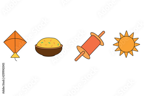 Makar Sankranti Symbols Kite, Sweet, Sun Illustration