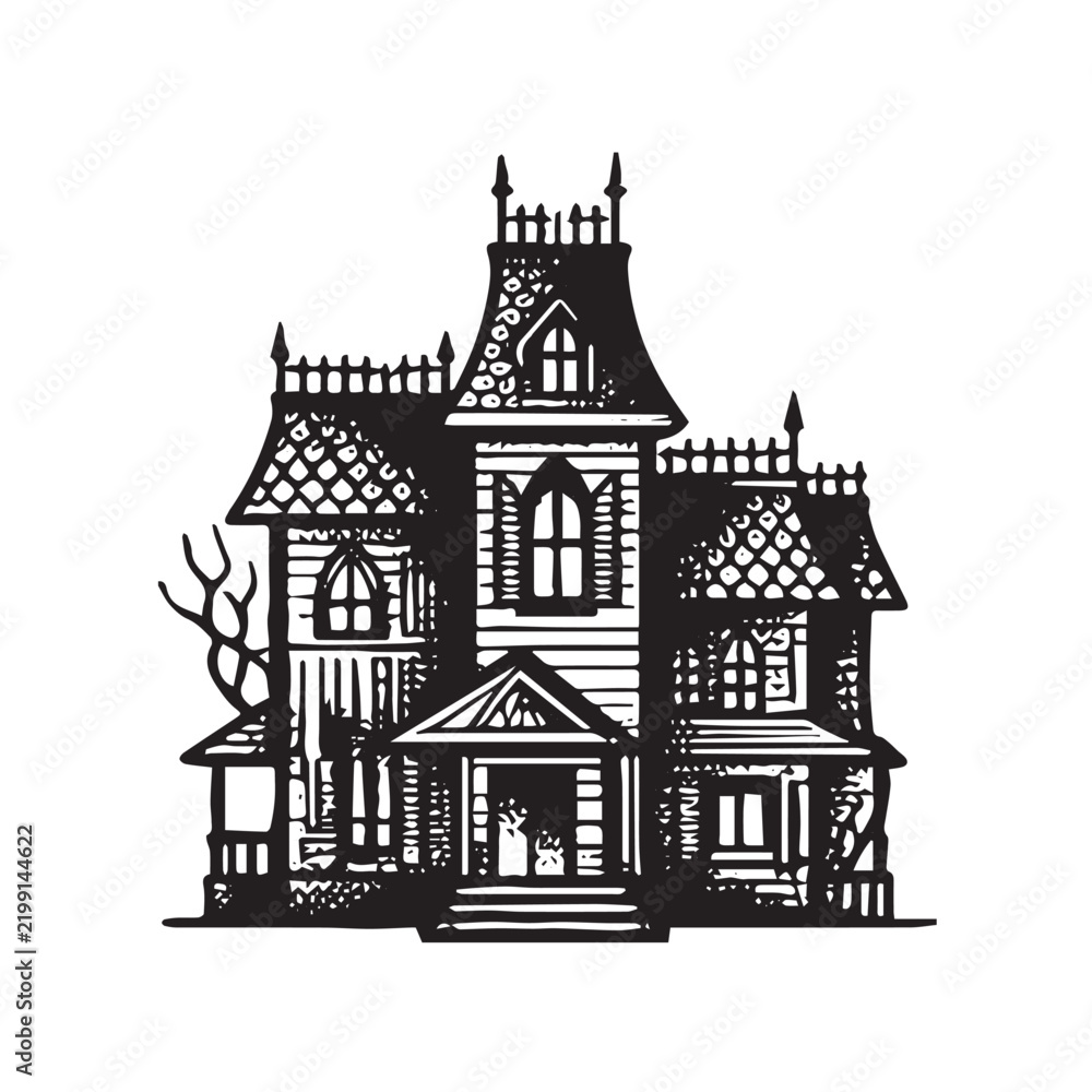 Fototapeta premium Spooky Haunted House Mansion Vintage Woodcut Line Art Illustration