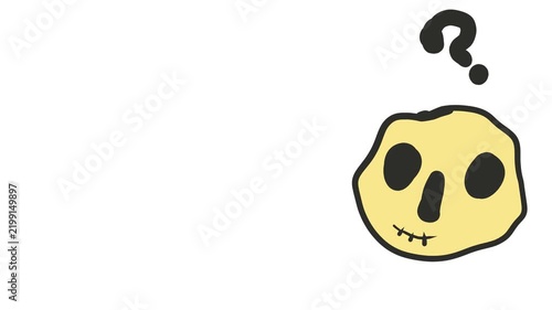 On one side of the screen hangs a yellow cartoon skull with a question mark.