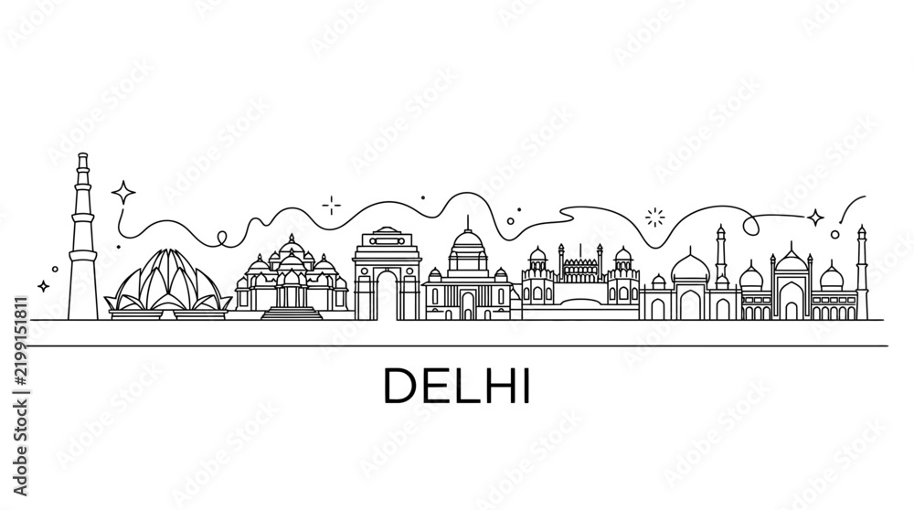 Obraz premium Delhi city skyline line art illustration with historic monuments.