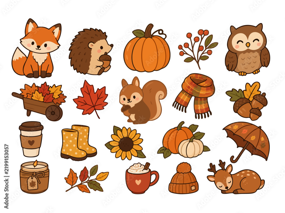 Obraz premium Autumn elements vector set with fall leaves pumpkins acorns and boots