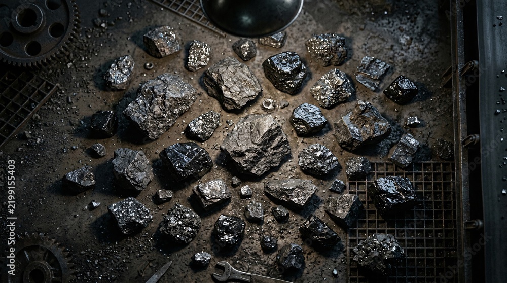 Obraz premium Scattered raw metallic ores and shiny black coal pieces with silver crystal inclusions under dark moody lighting, in fine detail.