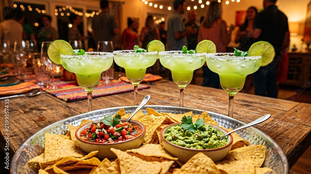 Obraz premium Four icy green margaritas in salt rimmed glasses line up behind a silver platter of tortilla chips and dips, with vivid natural color.