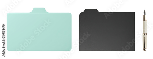 Filing folders with mint and charcoal covers and projecting tabs accompany a cream pen for office paperwork, correspondence records and document organization in separate cutouts