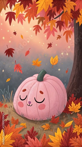 Autumn illustration with an orange pumpkin and autumn leaves – seasonal decoration for Halloween and Thanksgiving,