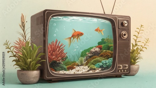 Vintage retro TV set with an aquarium and fish