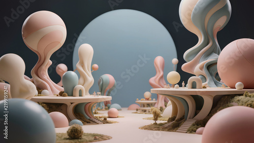 Surreal playful miniature world, enormous abstract spheres and organic shapes towering over tiny architectural platforms, unusual scale and perspective creating a whimsical dreamlike environment,