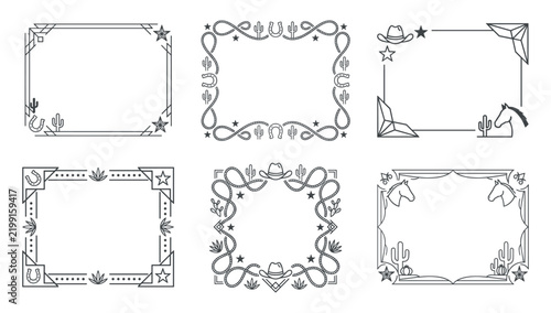 A collection of six minimalist line art frames featuring western elements like lassos, horseshoes, cacti, and cowboy hats for rustic graphic design projects and themed invitations.