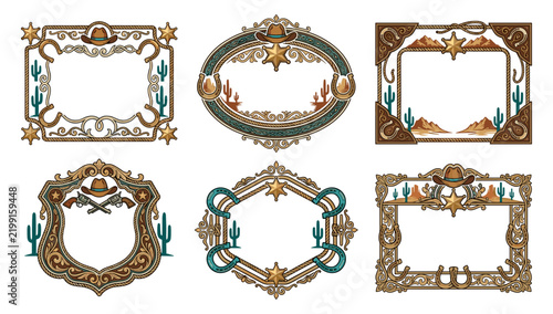 A collection of six ornate western style frames featuring cowboy hats sheriff stars and desert landscapes for creative graphic design projects.