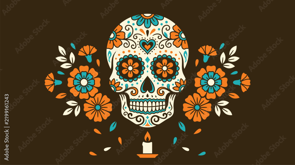 Fototapeta premium A beautiful dia de muertos background vector featuring a decorative sugar skull surrounded by vibrant marigold flowers and a candle