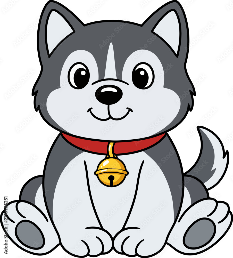 Fototapeta premium Cute Cartoon Siberian Husky Puppy Sitting and Wearing Red Collar with Golden Bell Vector Illustration