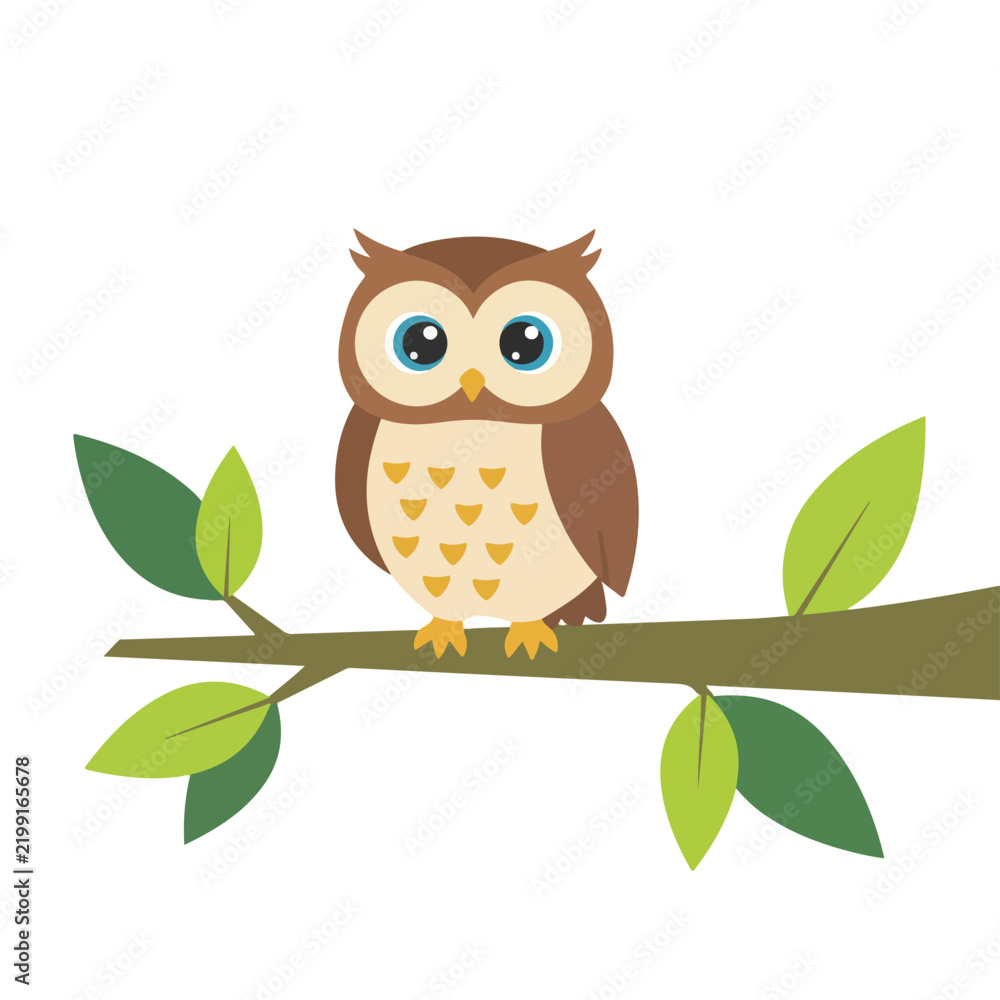 Fototapeta premium A cute cartoon owl with big blue eyes sits peacefully on a green leafy branch against a plain white background.