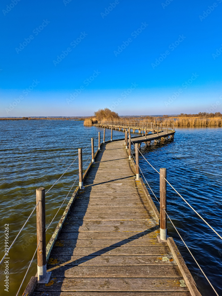 Fototapeta premium Curving wooden boardwalk pier spanning across open water under a clear blue sky at the Étang de Scamandre in Camargue, France.