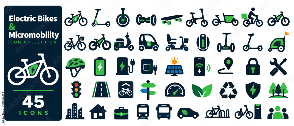 Obraz premium Electric bikes and micromobility icon collection, 45 flat color icons: e-bike, scooter, hoverboard, e-skateboard, folding bike, cargo bike, rider, e-scooter, moped, microcar, mobility scooter