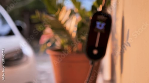Home electric car charger plugged in at wall outlet with green plant background indoors