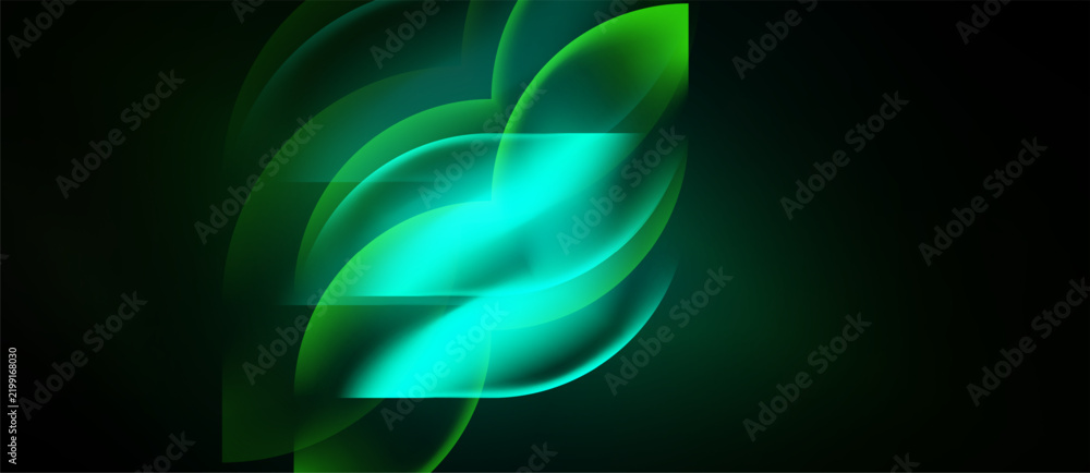 Obraz premium Abstract design features layered, glowing leaf shapes. Vibrant greens, turquoise create dynamic visual effect against dark background.