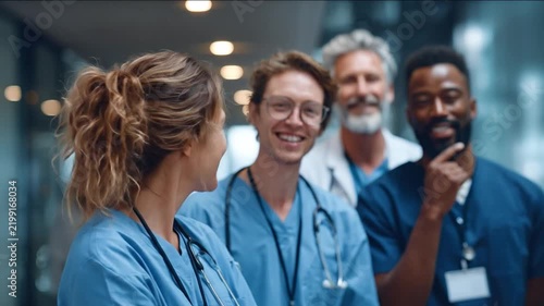 Medical Team Camaraderie: A diverse group of smiling medical professionals, including doctors and nurses wearing scrubs and stethoscopes, share a moment of connection and warmth in a hospital hallway.