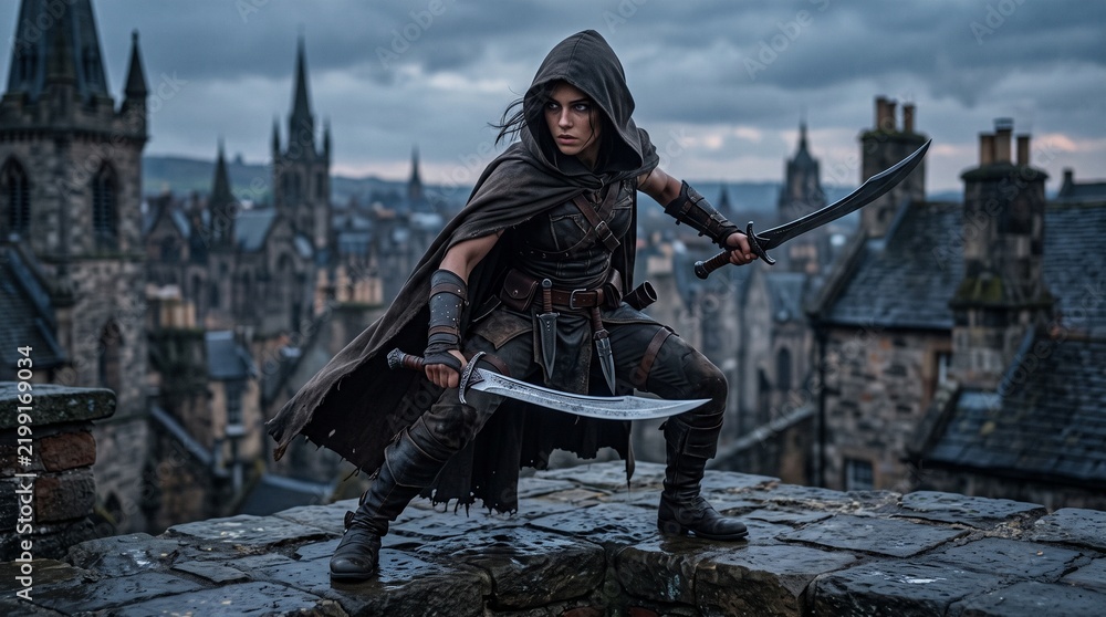 Naklejka premium Fierce hooded female assassin in dark armor dual-wielding swords in a fantasy medieval ruined city