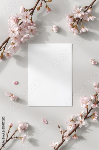 Blank Paper Surrounded by Cherry Blossom Branches on a Light Surface
