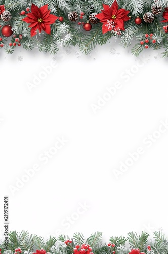 Christmas Frame With Red Flowers and Green Branches for Decoration