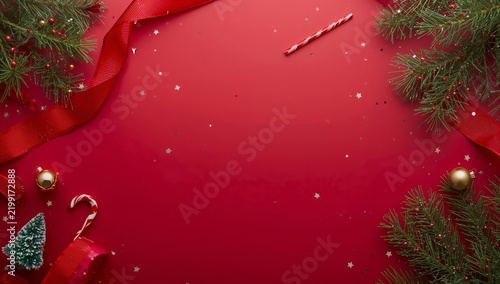 Decorative Holiday Scene With Red Background and Christmas Elements