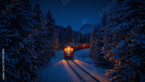 Train Traveling Through Snowy Forest at Night