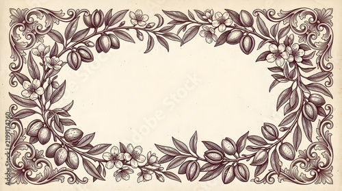 A detailed  symmetrical floral and foliate border composed of stylized vines  flowers  and oval fruits arranged around an empty central space on aged paper