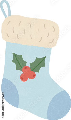 Cute light blue Christmas stocking with mistletoe leaves vector