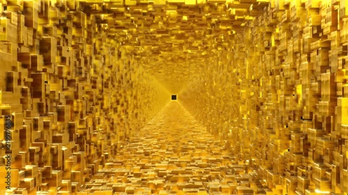 A seamless loop animation passing through shimmering golden corridor composed of 600,000 3D cubes, each with random dimensions for height, width, and depth rendered procedural geometric objects. 