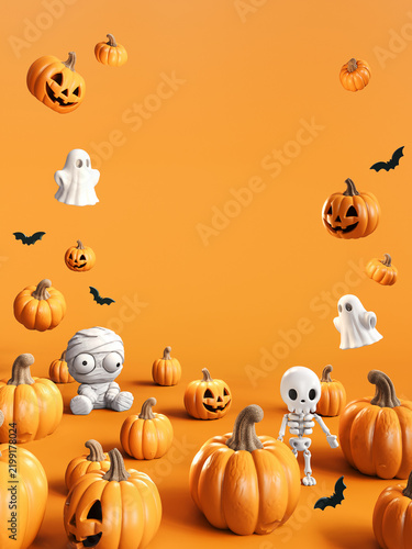 Happy Halloween greeting card design. Bunch of pumpkins and ghosts with copy space on orange background. 3D Rendering, 3D Illustration