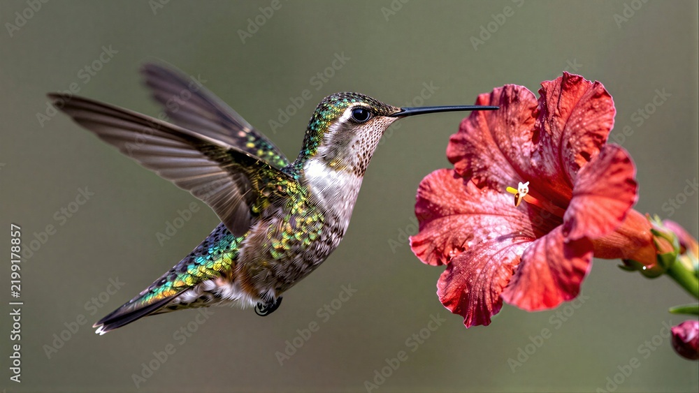 Obraz premium Two hummingbirds hover near a pink flower, wings blurred in motion.